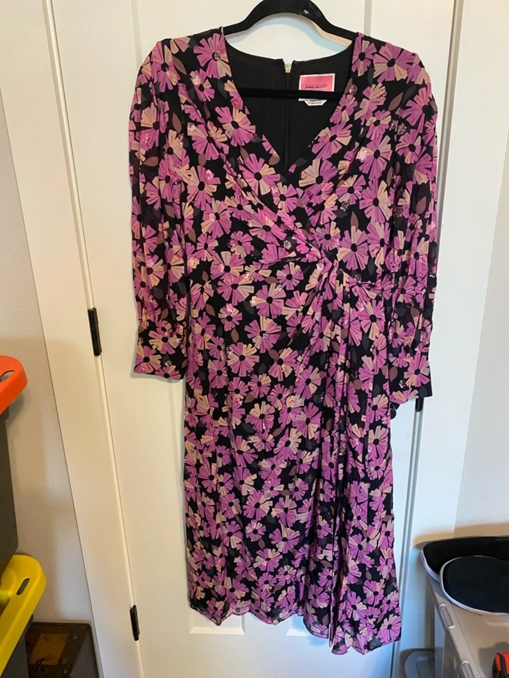 kate spade Black and Pink Floral Long-Sleeve Wrap Dress